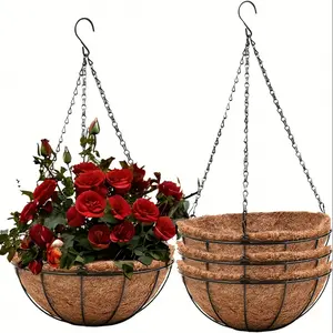 Hanging flower pot basket set with rust-proof metal chain and coconut mat, perfect for indoor and outdoor garden, porch, and balcony decoration