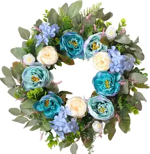 Bibelot 24-Inch Artificial Blue Peony & Hydrangea Floral Wreath - Farmhouse Garden-Inspired Decor for Front Door, Room, Wall, Wardrobe, Mother's Day Gift (Indoor/Outdoor Use),summervibes outdoorfun