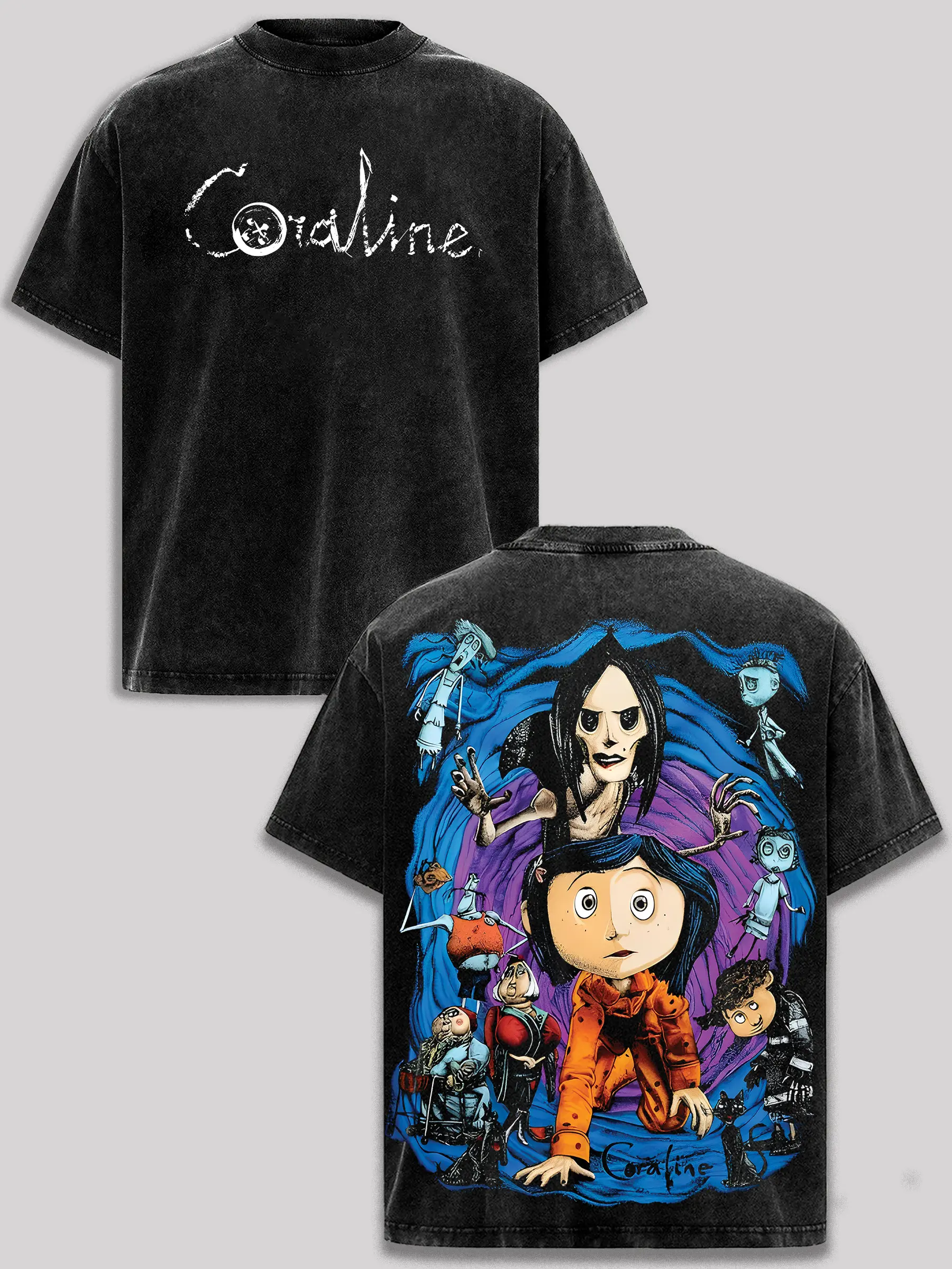 Men's Coraline Vintage Washed Oversized Round Neck Shortsleeve Premium Cotton T-Shirt - Acid Wash Heavyweight, Classic Seamless Menswear Apparel, Soft Movie Graphic Prints, Other Mother & Black Cat Design, Unisex Streetwear Gift