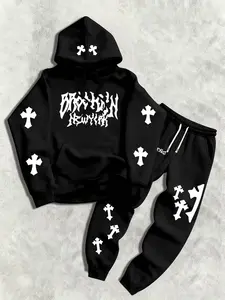 Men's Stylish Hoodie and Pants Set with American Street Style Letter & Cross Print Trendy Casual Slight Stretch Detailed Pockets Men's Clothing