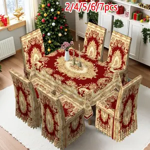 2/4/6/5/7 pieces of fashionable and high-end chair cover and tablecloth sets, thickened chair cover and tablecloth sets (1 tablecloth + 4 chair covers or 1 tablecloth + 6 chair covers), easy to care for, reusable, for home decoration
