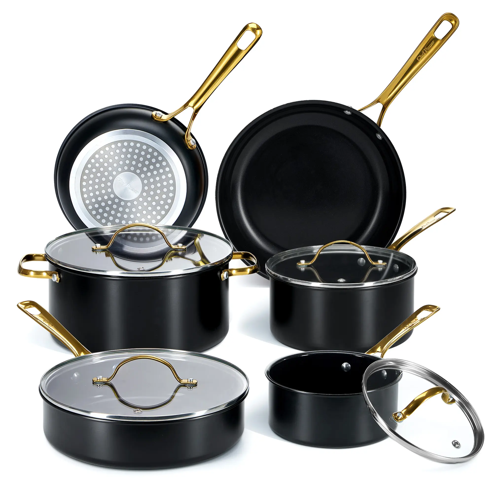 Chef Power Ceramic Cookware Sets 10Pcs Pots and Pans Non Stick with Stainless Steel Handles Dishwasher & Oven Safe Stone Black Light Gold Handle Summervibes