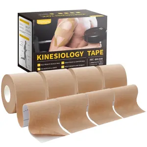 Dimora Uncut Kinesiology Tape, Original Cotton, 16' Elastic Athletic Tape for Muscle Pain Relief and Joint Support, 4 Rolls, Beige