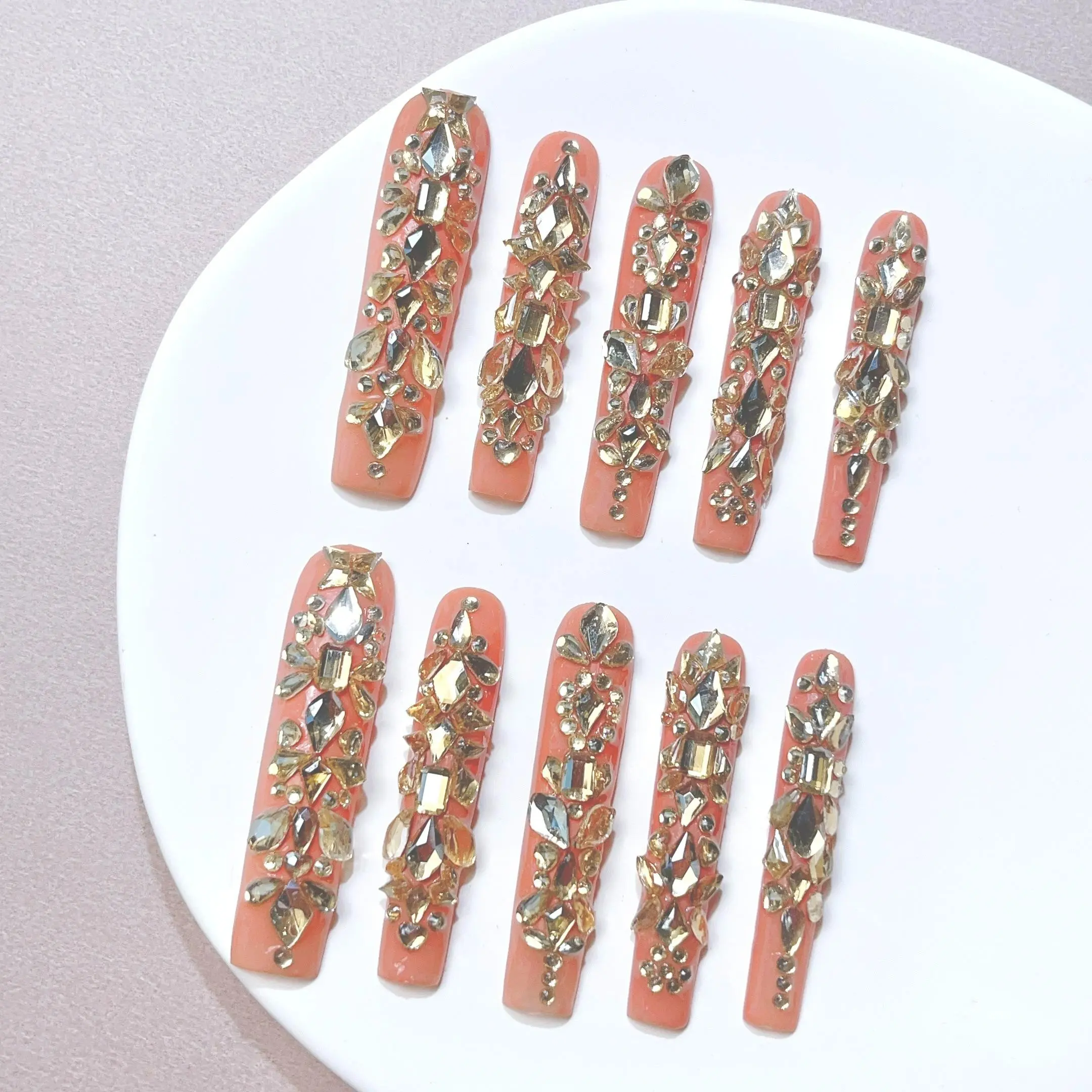 Nailrosy 10Pcs Handmade Long Square Press On Nails - Glitter Decorative, Sparkly Rhinestone, Acrylic Base, Luxury Look, Reusable, with Gift Box, Nail Supplies for Manicure, Y2K Cute, Suitable for Women Festivals, Parties