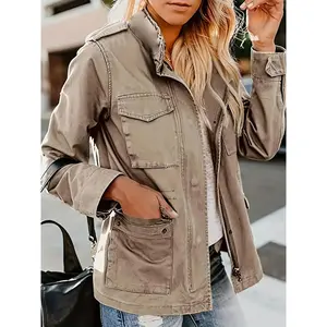 Fashionable women's military jacket, snap button, Parker style, with multiple pockets, practical design, waterproof and windproof, suitable for outdoor activities
