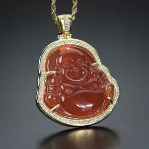 MaxBling81 Stainless Steel Red Jade Buddha Pendant with CZ Accents, Unisex Iced Buddha Chains - 3mm Rope Chain (18",20",24") Fashion Religious Jewelry Gift for Men & Women