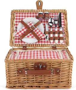 Wicker Picnic Basket for 2 Person, Willow Hamper Basket Sets with Insulated Compartment, Handmade 2 Person Picnic Basket Classical Red Check with Utensils Cutlery Perfect for Picnic, Camping