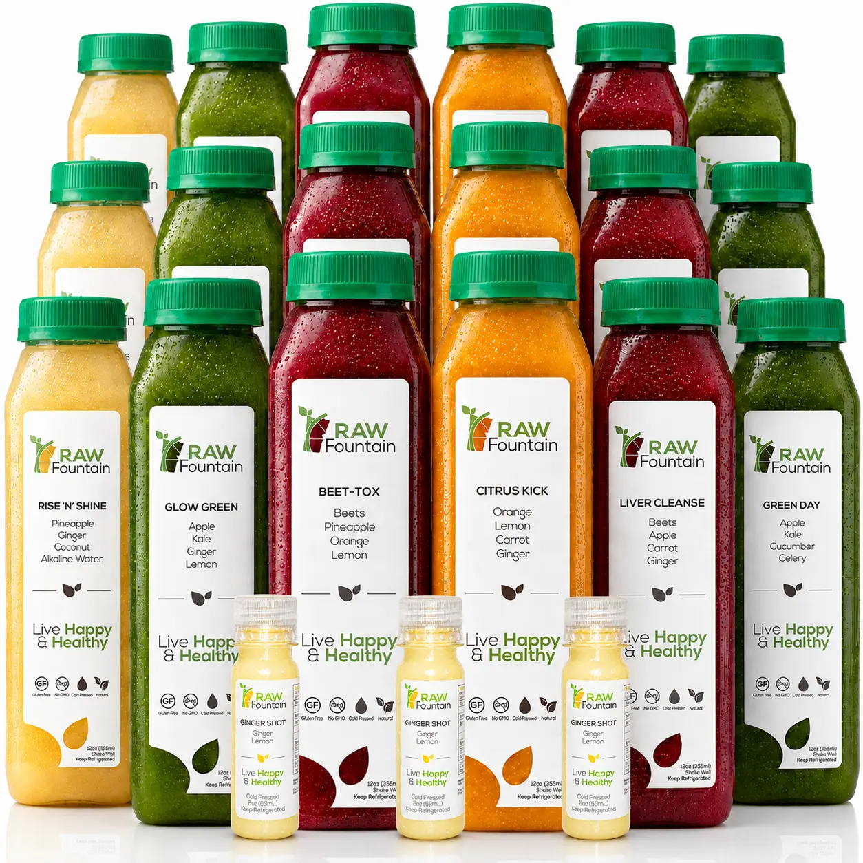 5 Day Juice Cleanse Detox by RAW Fountain, RAW Cold Pressed Juices, All Natural, No Gluten, No Wheat, No Artificial Flavors, 30x 12oz Bottles, 5 Ginger Shots 2oz