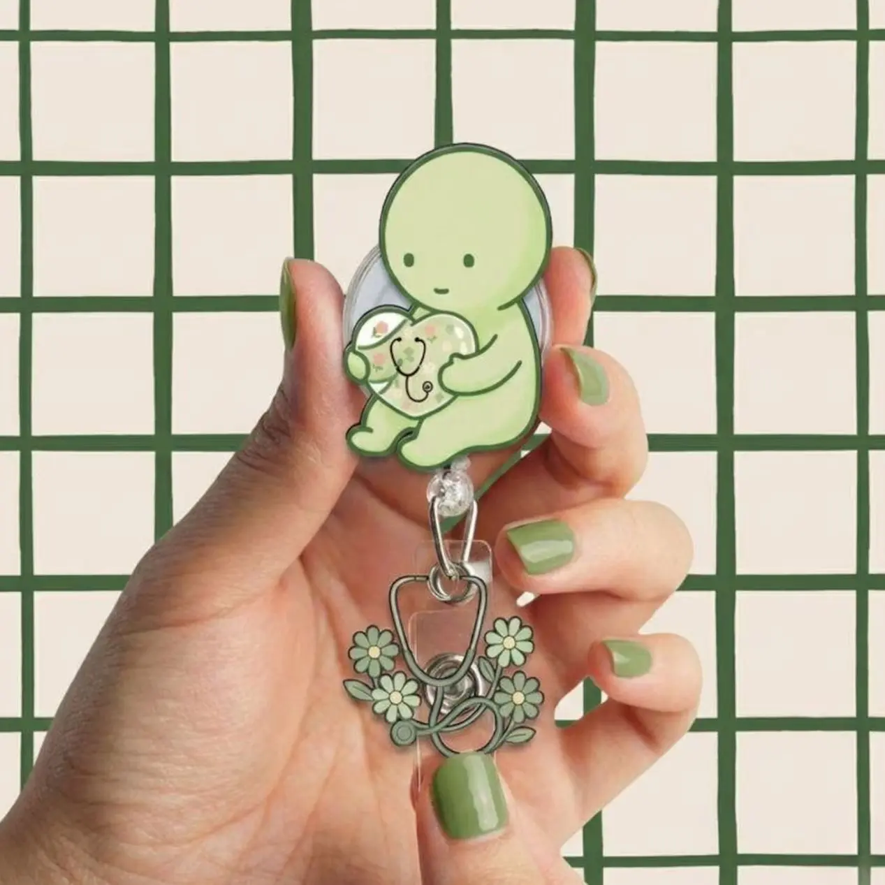 Kawaii Nurse Badge Reel | Smiski Accessory, Floral Charm