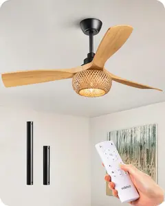 EDISHINE Boho Chic Bamboo Cage Ceiling Fan with Light, 3 ABS Blades, 10%-100% Dimmable, 6 Speeds, Remote Control, Timer, Quiet Indoor Rattan Fan for Living Room, Bedroom