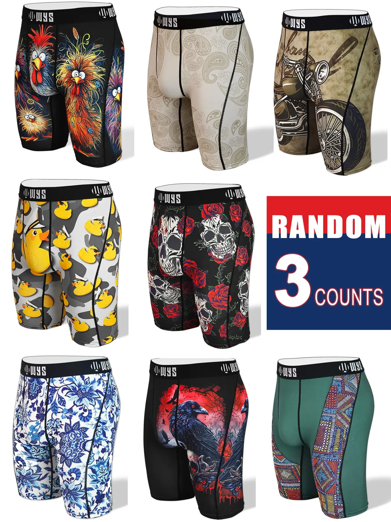RANDOM 3PCS,Men's Long Brief Underwear Set, Menswear, Casual Briefs, Moisture-Wicking, Anti-Chafing, Quick-Dry, Festive Spooky Halloween Prints, Skull, Wolf, Motorcycle, Porcelain, Casual Comfort