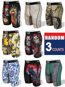 RANDOM 3PCS,Men's Long Brief Underwear Set, Moisture-Wicking, Anti-Chafing, Quick-Dry, Festive Spooky Halloween Prints, Skull, Wolf, Motorcycle, Porcelain, Casual Comfort