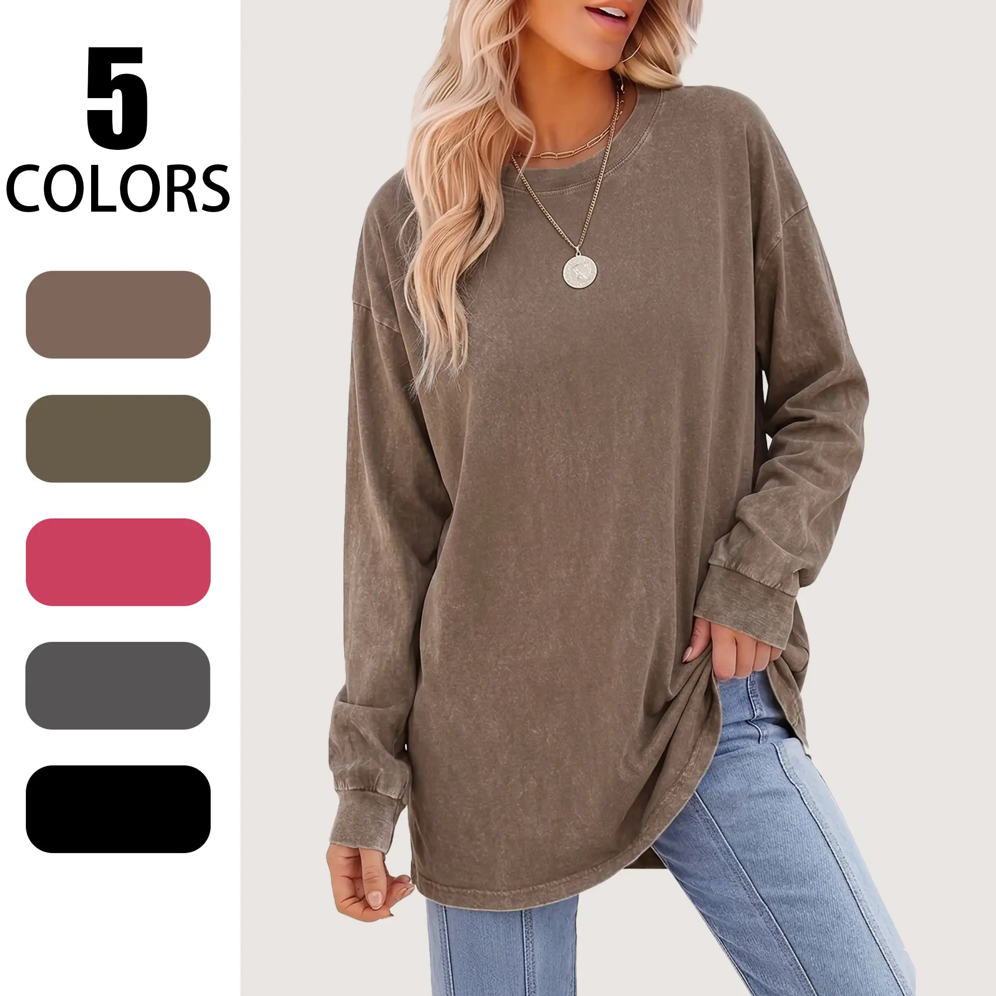 Women's Crewneck Cotton Sweatshirt - Retro Washed, Oversize Loose Longsleeve, Slimming Tunic Length, Lightweight, Athletic, Layering Outfits, Wardrobe Staples, Casual Plus Size Pullover for Everyday Wear