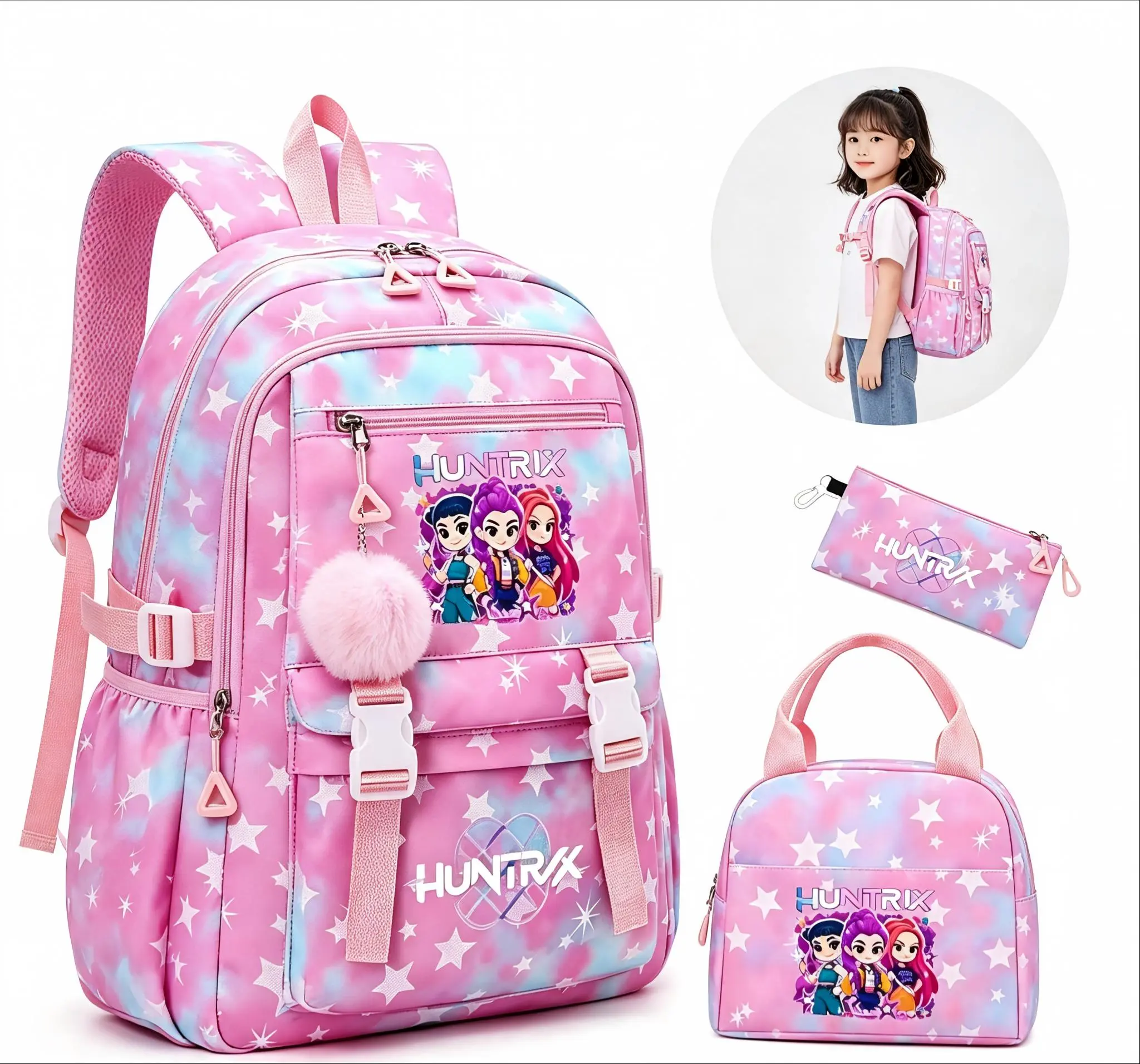 【Summer Sale Deals】 Kpop-3pc Backpack solid color women's backpack star print zipper closure Trendy backpack fashionable and versatile casual trend suitable for students going to school, campus, going out to work, traveling women's backpack