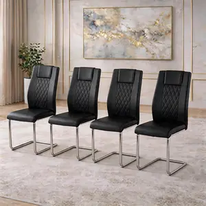 Set of 4 High-Back Dining Chairs, Modern PU Leather Kitchen Chairs with Silver Legs, Mid-Century Home Furniture for Living Room & Dining Room, Black