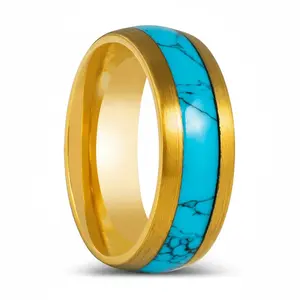 CYANITE | Polished Yellow Gold Tungsten Blue Turquoise Domed Wedding Ring — 8mm