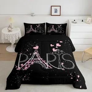 Eiffel Tower Comforter Set,Chic Paris Bedding Set,Multiple Size All Season,Romantic Theme Comforter,Black Pink French Style Duvet Set, Bedroom Bedding Set, Breathable Duvet Set