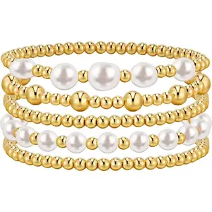 Women’s beaded stretch bracelet set, 14K gold-plated, stackable strand design with bead balls — adjustable, ideal as a gift