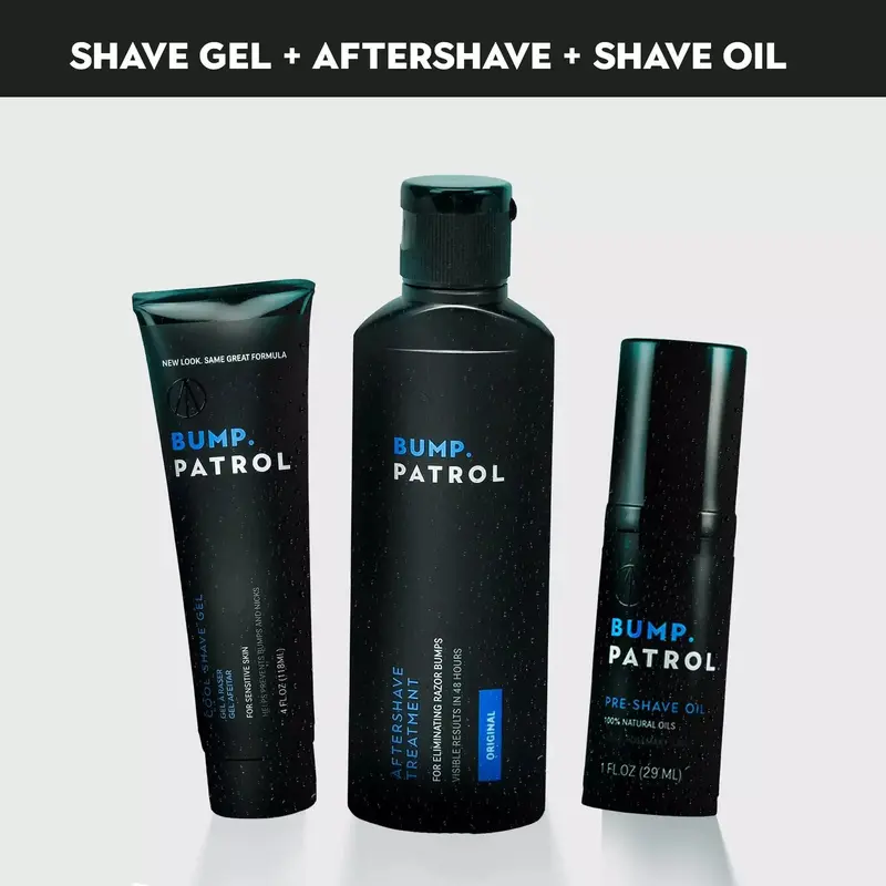 Bump Patrol Men's Complete Shaving Care Essential After Shave Set (US) - Witch Hazel Pre-Shave Oil, Cool Gel, Chamomile Extract Youth Liquid Aftershave for Razor Bumps, Ingrown Hair Solutions, Tighten Skin (All Skin Types, 2-Month Use)