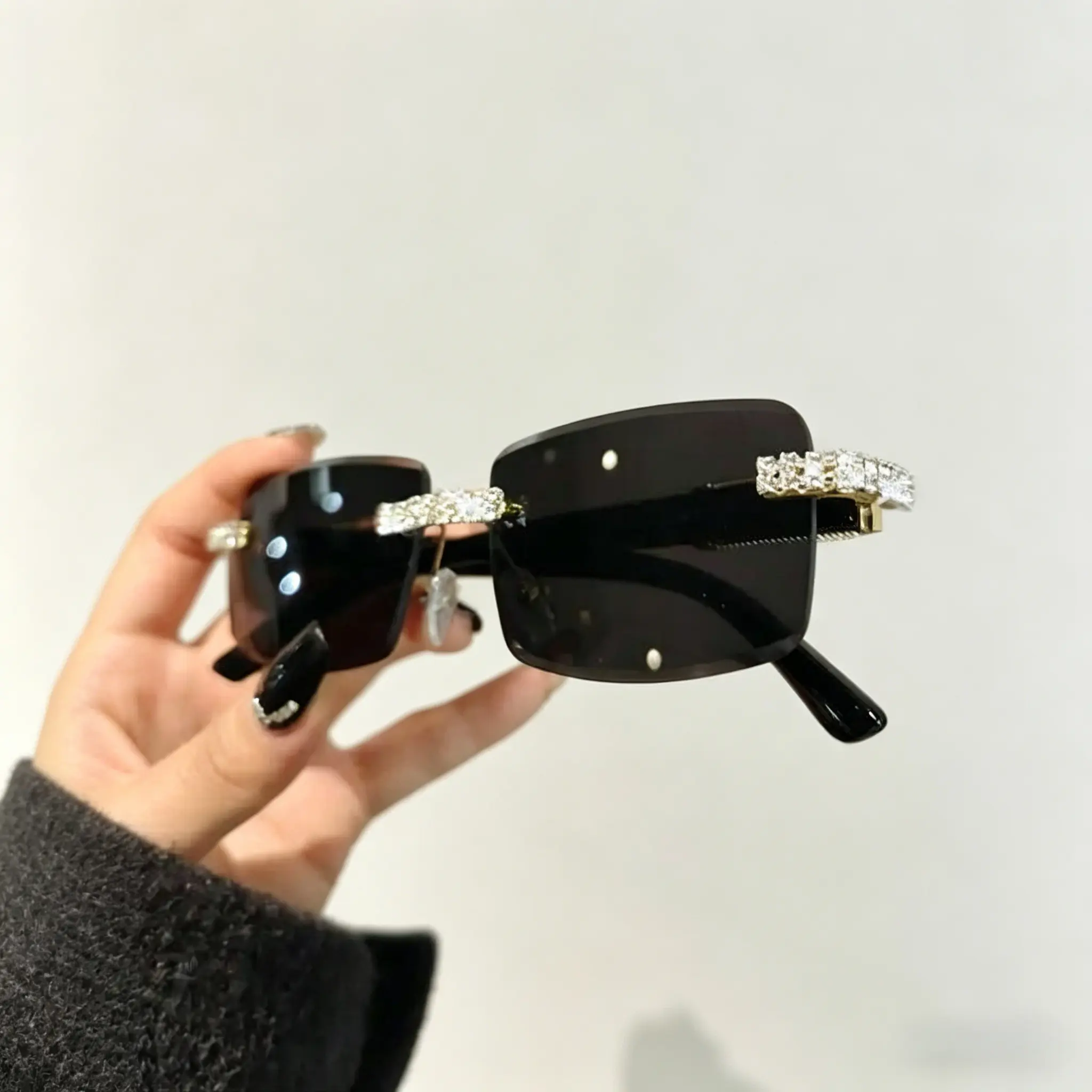Women's Rhinestone-Decorated Rimless Rectangle Sunglasses, Premium Stylish Fashion Sports Eyewear, Sunglasses for Women for Daily & Outdoor Wear, Stylish Sunglasses outdoorfun