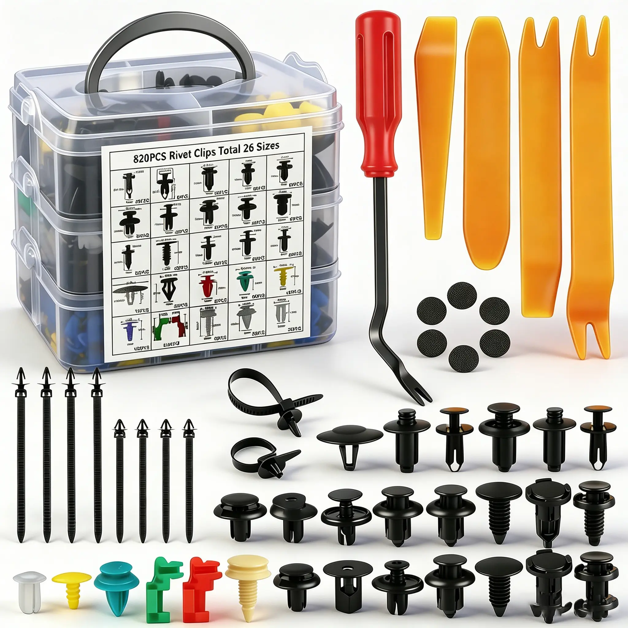 925PCS Assorted Sizes Auto Fastener Kit - 26 Sizes 925 Car Push Retainer Clips with Removal Tools, Cable Ties, Built-to-Last Nylon Rivets, Organized Storage for Domestic/Import Vehicle Bumper, Door Trim Repairs, Emergency Repairs, Everything You Need, Rou