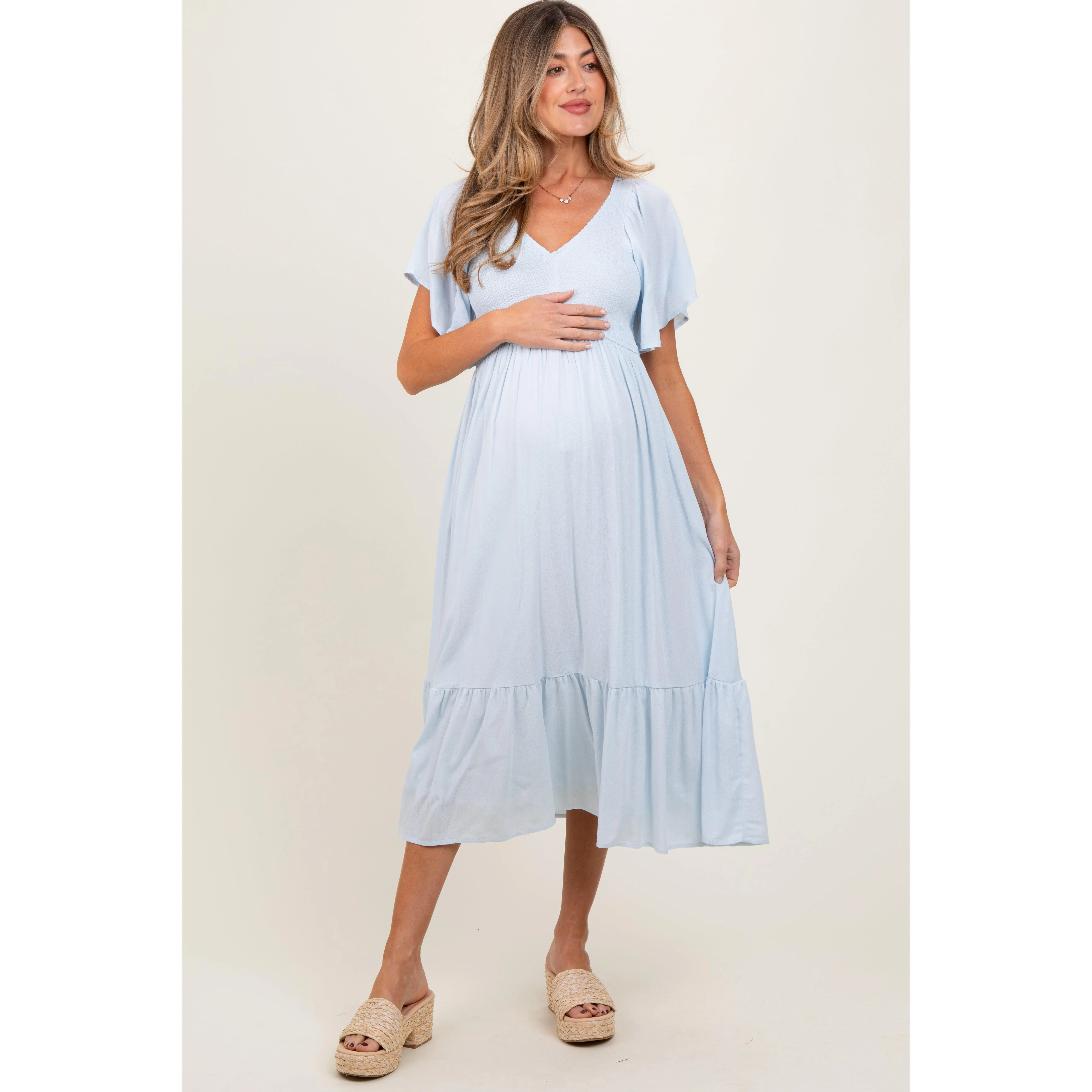 Light Blue Smocked Ruffle Maternity Dress - TikTok Shop Light Blue Smocked Ruffle Maternity Dress - TikTok Shop