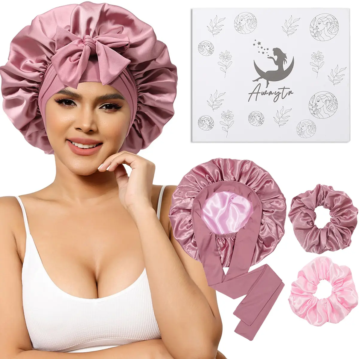 AWAYTR Reversible Double Layer Satin Hair Styling Cap for Night Haircare, Adjustable Tie Sleep Wrap Reduces Frizz and Breakage, Includes 2 Scrunchies