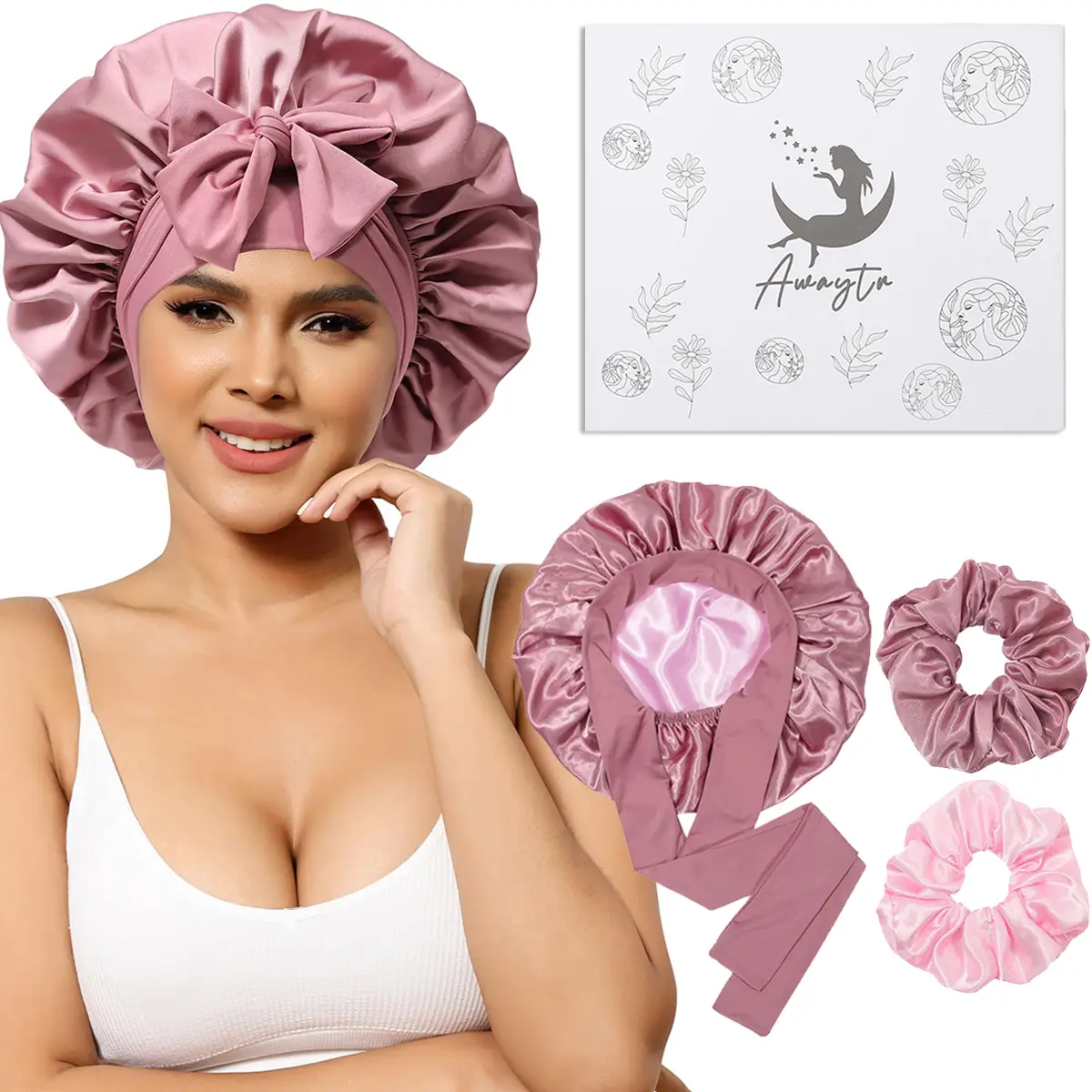 AWAYTR Reversible Satin Bonnet for Sleeping Women Double Layer Hair Bonnet with 2PCS Hair Scrunchies Elastic Tie Band Night Cap Pink Flowers Nightcap