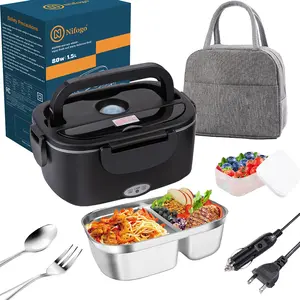Nifogo Car Electric Lunch Box 1.8L Stainless Steel Liner 80W Fast Heating Display Screen 12V24V110V Car Home Office Portable Heated Black Square Lunch Box