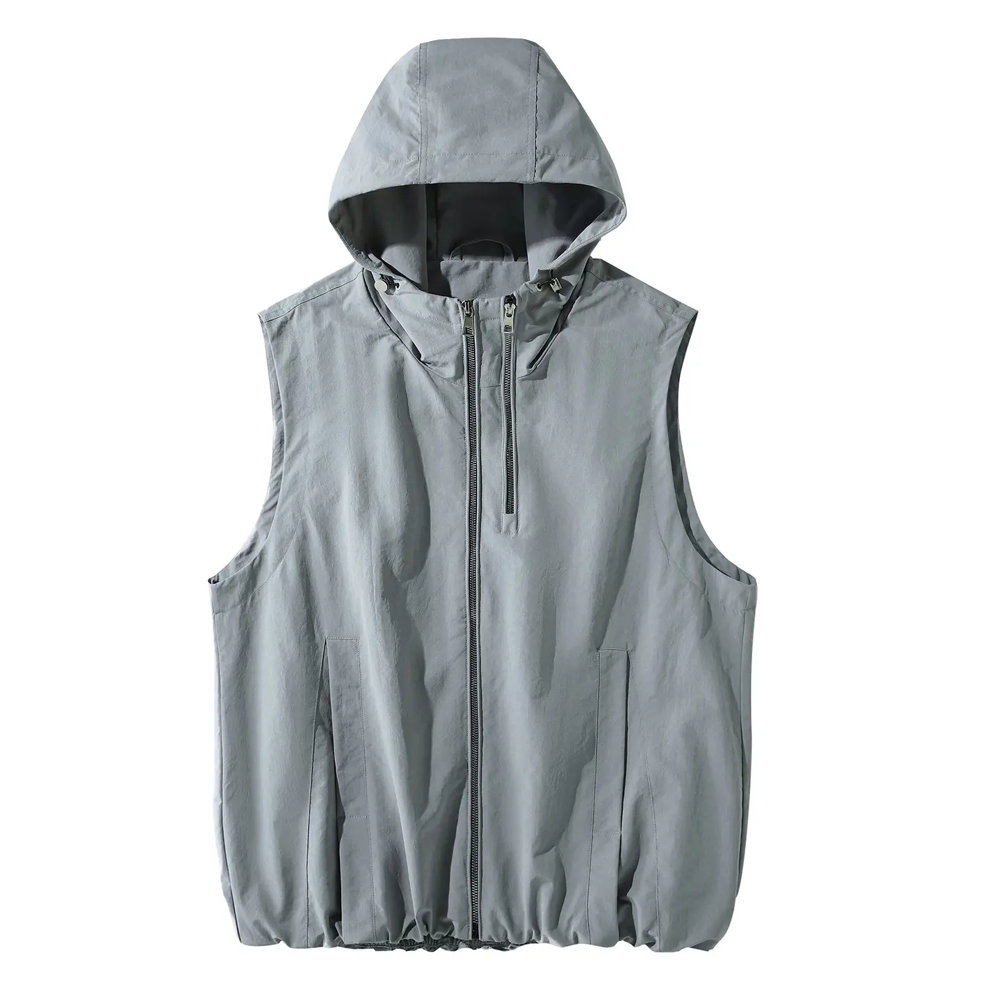 Men's Stylish Light Gray Sleeveless Full-Zip Menswear Vest Gilet - Adjustable Drawstring Hood & Hem, 2 Side Pockets, Light Crinkled Polyester Quick-Dry Breathable Fabric, Foldable, Medium Stretch, Lightweight, Outdoor Sun Protection, Commute Workwear Top
