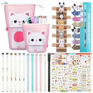 417 Pcs Cute Cat Stationery Set Cat Telescopic Pencil Pouch Case Gel Ink Pen Sticky Memos Notes Cat Album Sticker for School Office(Pink Cat Style)