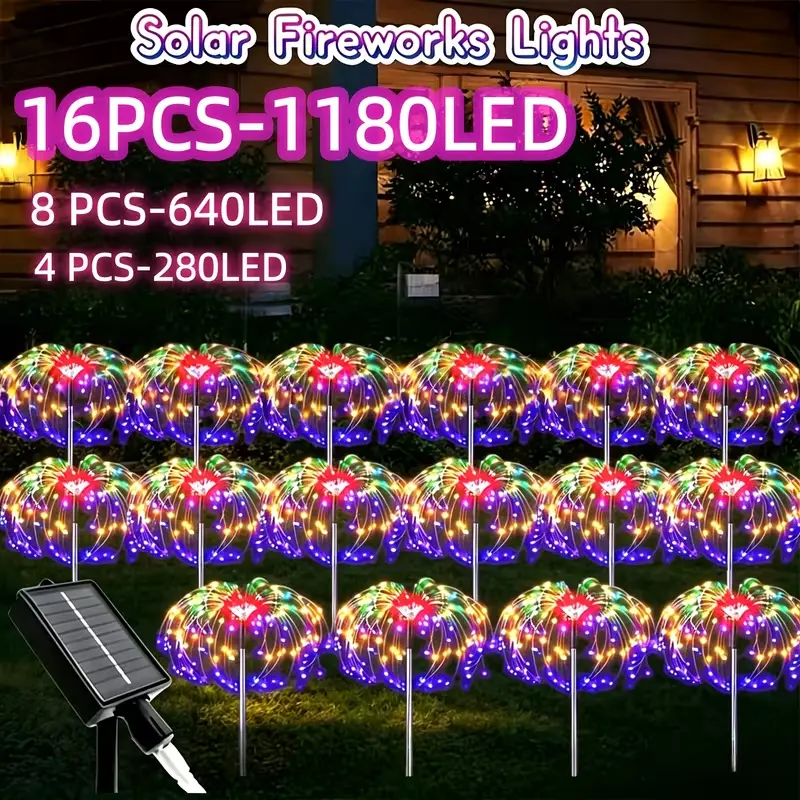 16PCS solar outdoor fairy lights, including 16PCS 1180LED light string/8PCS 640 LED light string/4PCS 280 LED light string, fireworks light string, garden Christmas, home courtyard, Halloween decoration, outdoor camping, IP65 solar outdoor lights
