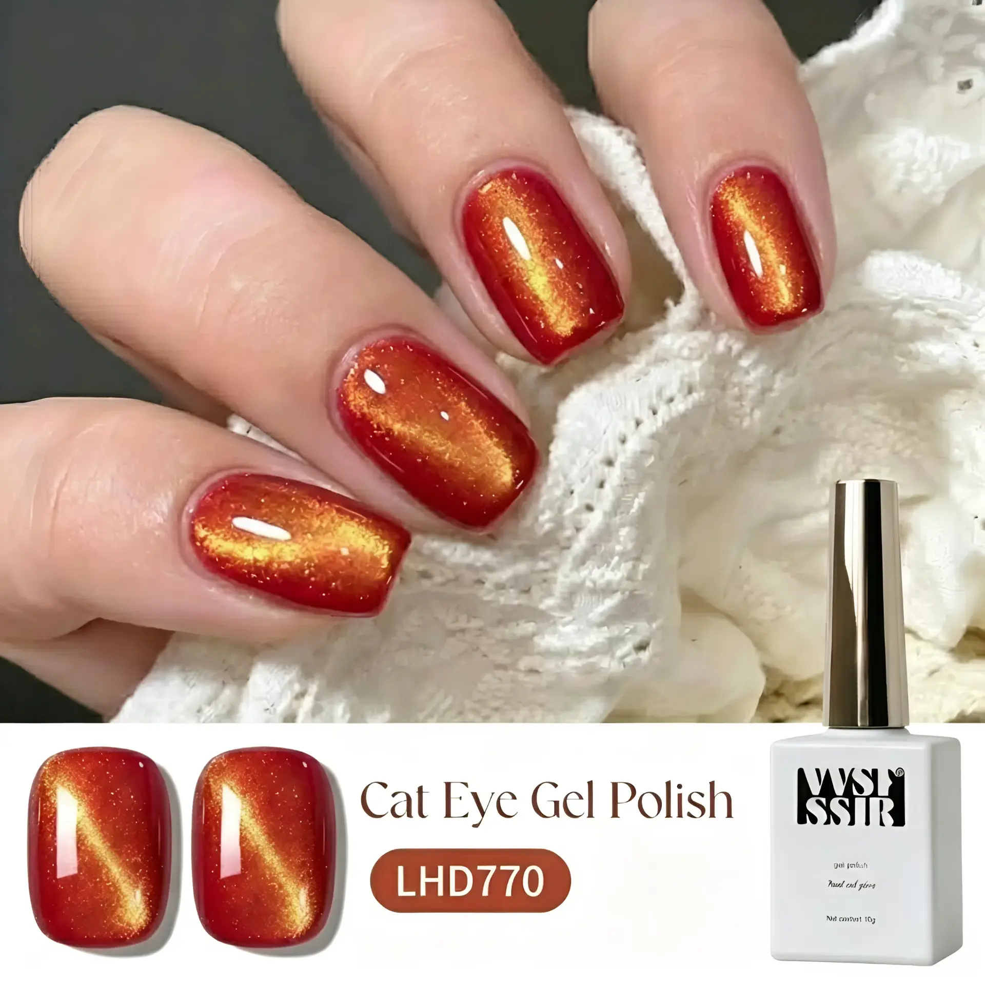 1 bottle of VVSFSSIR Cat Eye Gel Nail Polish, 10ml / 0.34 fl oz, red gold effect, high-gloss nail finish, semi-permanent soak-off formula, suitable for DIY nail art designs.