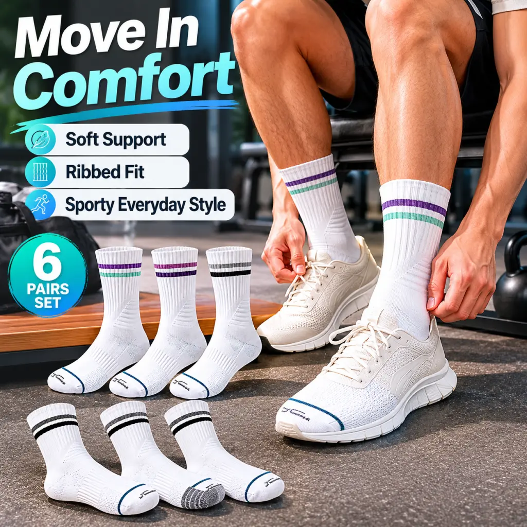 SPORTS HOUSE 6-Pair Youth Unisex Striped Crew Grip Socks in Breathable Cotton Blend, All-Season, Anti-Odor, Machine Wash, Stripe Mix, Unisex Wear, Sports Running Socks, Universal Sport