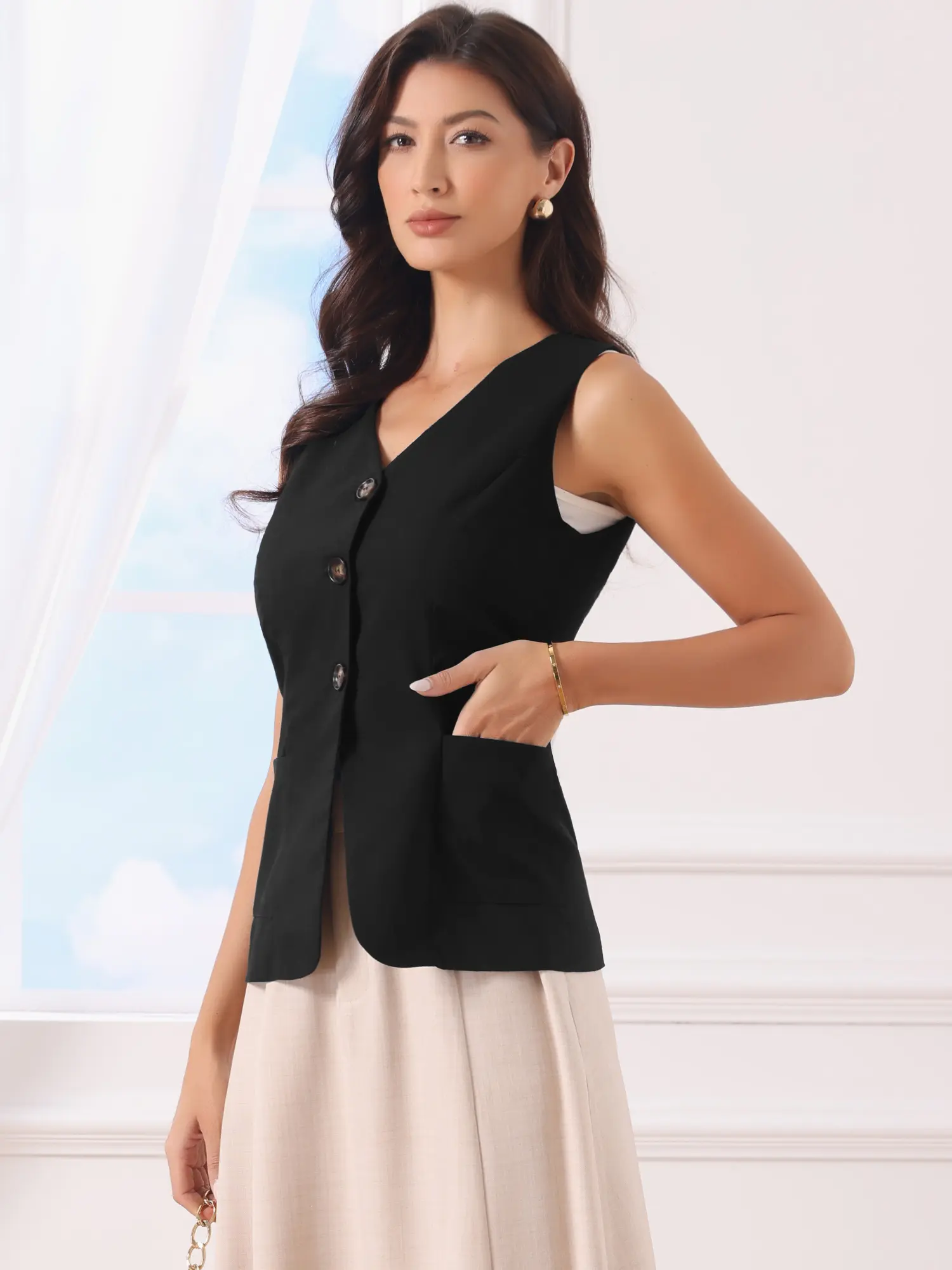 INSPIRE CHIC Cotton Linen Suit Vest Top for Women Summer Sleeveless Button Fitted Blazer Waistcoat Business Casual Outfits
