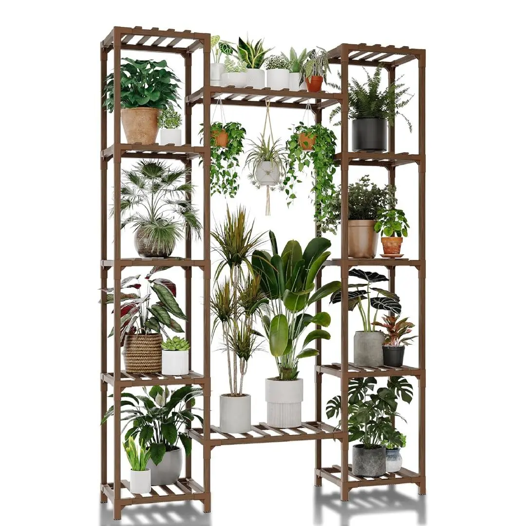 Bamworld 62.2" Tall Eucalyptus Wood 12-Pot Tiered Plant Stand - Space-Saving Hanging Holder for Indoor Living Room, Outdoor Garden, Balcony & Indoor Flower Pots Decor, Balcony Flower Pots