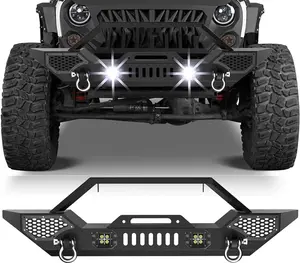 Front Bumper Compatible with Wrangler JK/JKU 2007-2018 (2/4 Doors), Full Width Off-Road Rock Crawler Bumper with 2 x LED Lights, Heavy Duty Steel