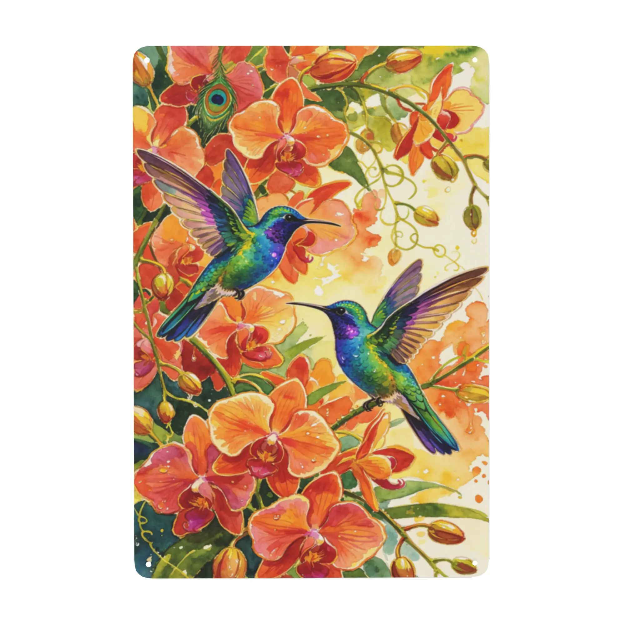 Vintage Distressed Metal Tin Sign - Decorative Artistic Watercolor Wall Plaque with Vibrant Hummingbirds, Orange Orchids, Peacock Feathers - Charming Rustic Touch Tropical Shabby Chic Decor for Outdoors, Balcony, Casual Spaces