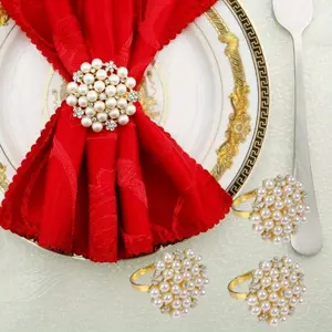 Elegant Pearls Napkin Rings Set of 12, Napkin Holder Metal Buckles for Table Setting Decor at Thanksgiving, Christmas, Valentine's, Wedding, Parties, Holiday - Gold Ring White Pearls Bling Rhinestones