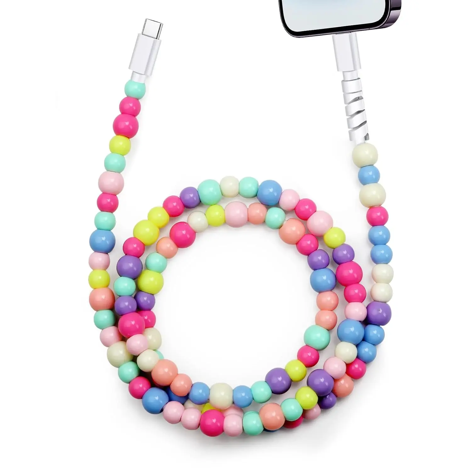 Colored Bead Charging Cords - 1m 4-in-1 USB-C & Lightning Cable, 2-in-1 Data Line for Smartphone, Cellphone, Mobile & Electronic Devices (US Compatibility)