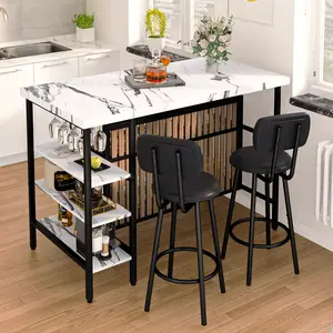 Recaceik Kitchen Island Dining Table for 2 Bistro Table and Chairs Set of 2 with Storage & 5 Shelves Faux & 2 PU Stools, Space Saving Dinner Table Set Apartment Furniture Drawers Modern