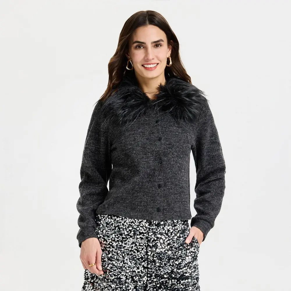 Women's Plush Faux Fur Cardigan - A New Day, Polyester-Spandex Fabric, Stylish Design