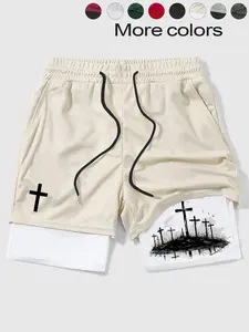 Men's Drawstring Shorts, Two-Piece Design, Layered Look, Cross Print, Unique Style, Multiple Colors, Casual & Sports Wear, Casual Athletic Shorts, Streetwear Sports Shorts