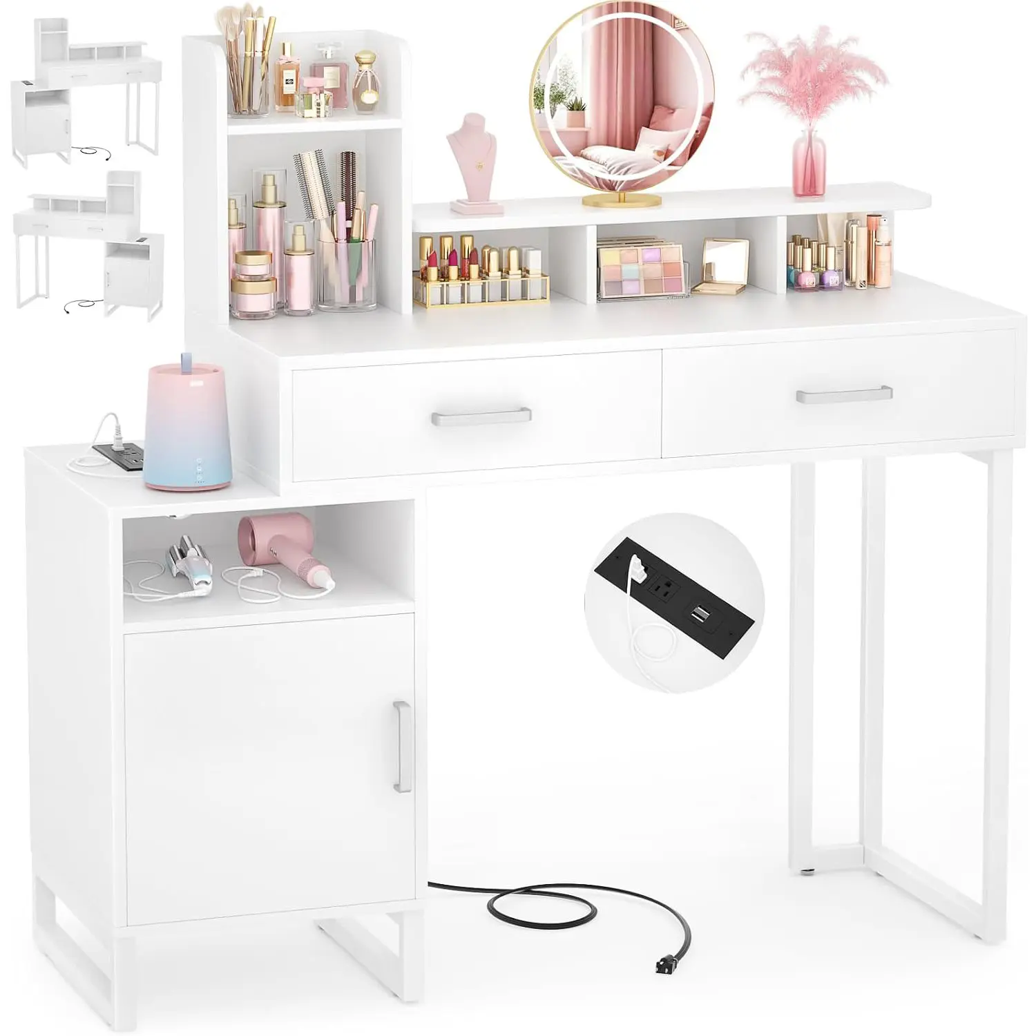 Vanity Desk, Small Vanity Desk with Power Outlet, Makeup Desk with Drawers and Cabinets, Vanity Set with Storage Shelves for Bedroom, No Mirror