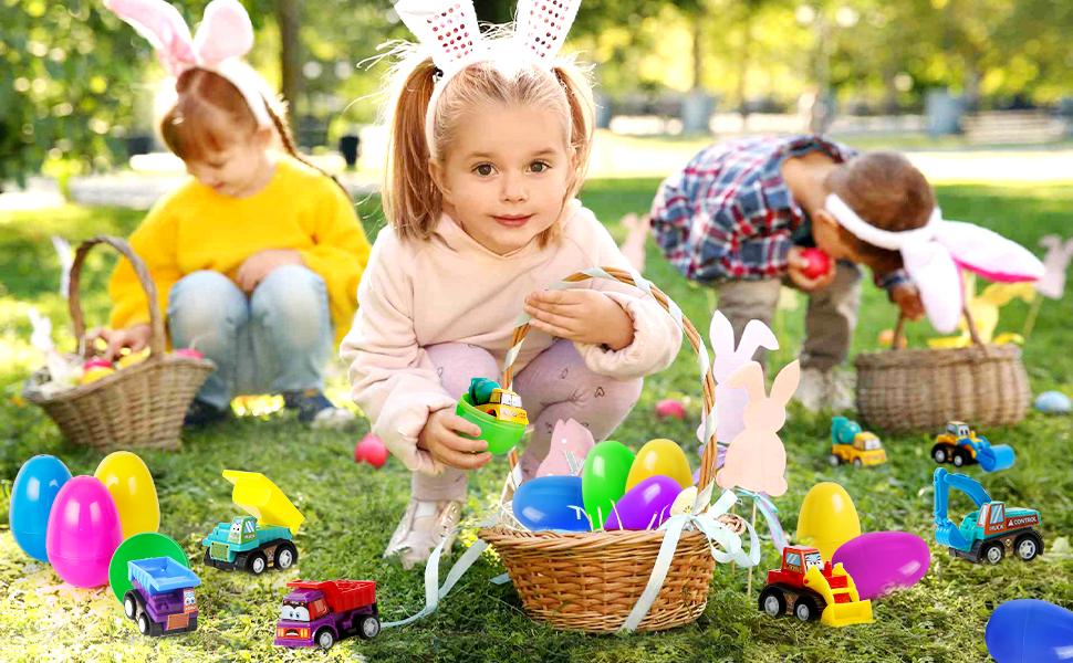 12 Plastic Easter Eggs Filled with Pull-Back Engineering Toys Gift for Easter Egg Hunt, Birthday Party for Kids Over 3 Years Old