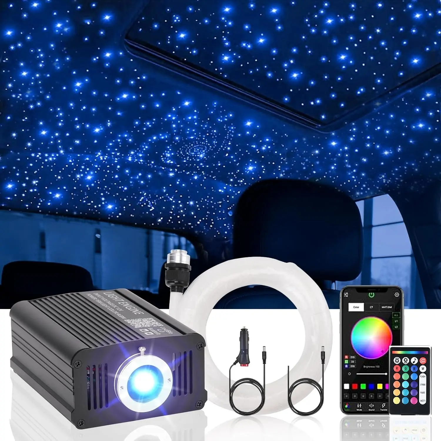 16W Headliner Star Light Kit, 1000Pcs Ceiling Fiber Optic Lights APP/Remote Control Star Effect Music Mode RGBW Sound Activated for Car Roof Home Ceiling, Adjustable Led Lights, Multifunction Rgb Colors