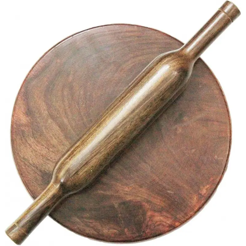 Sheesham Wood Chakla Belan Set - 10-In Circular Polpat Board, Rolling Pin, Wooden Cooking Utensils for Chapati Makers, Camping, Handy, Traditional, Roti Making, Hiking, Round Shape, Set Of 2, 10.1 X 10.2 X 1.3 Inches, Roti Cooking, Artisan Craft, Round Bo