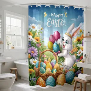 Easter Bunnies Eggs Shower Curtain,Cute Rabbits Spring Flowers Shower Curtain Bathroom Bath Home Decor Waterproof Polyester Fabric with Hooks