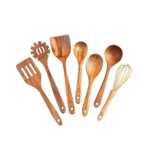 Teak Wooden 7-Pack Kitchenware Set - Includes Spoons, Spatulas, Whisk, Noodle/Pasta Scoop, Egg Beater, Rice Spoon, Durable Teak Wood Utensil