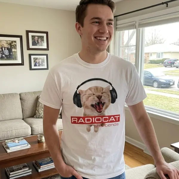 Vintage style music, Cat wearing headphones, Radiocat The Bends, Cat Lover ,Radiocat Vintage Graphic Tee T-shirt